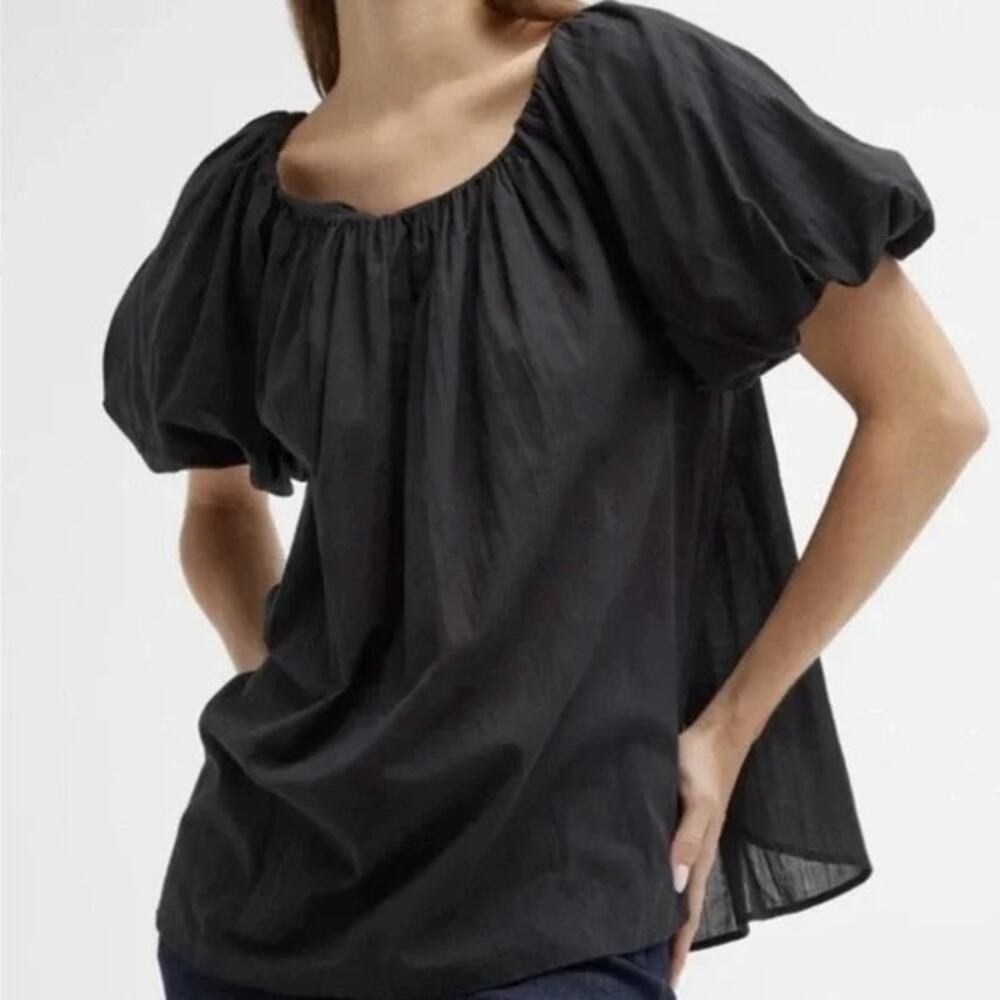 Harshman Keiko Smocked Puff-Sleeve 100% Cotton Blouse – Women’s Sz:M– Black- NWT